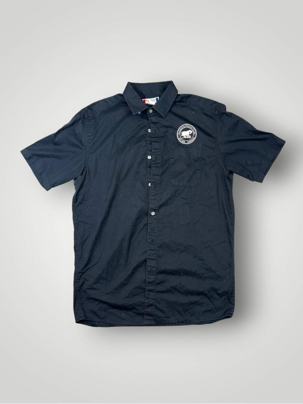 Men's Short-Sleeve Button-Down Shirt in Black with Embroidered Chest Patch